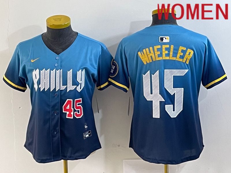 Women Philadelphia Phillies #45 Wheeler Blue City Edition Nike 2024 MLB Jersey style 2->->Women Jersey